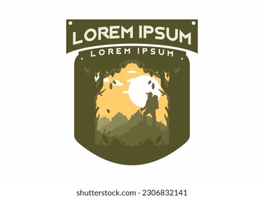 silhouette flat illustration design of a mountain climber standing on top of a hill