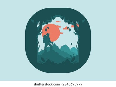 silhouette flat illustration design of a mountain climber standing on top of a hill