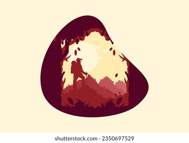 silhouette flat illustration design of a mountain climber standing on top of a hill