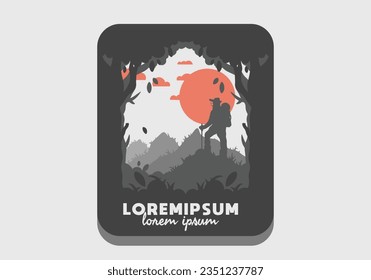 silhouette flat illustration design of a mountain climber standing on top of a hill