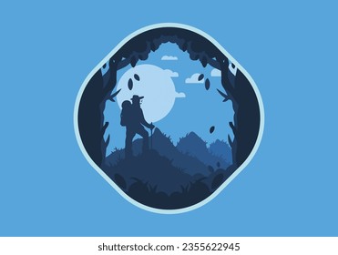 silhouette flat illustration design of a mountain climber standing on top of a hill