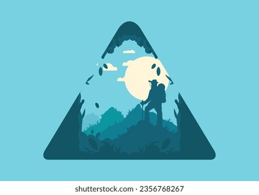silhouette flat illustration design of a mountain climber standing on top of a hill