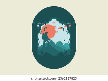 silhouette flat illustration design of a mountain climber standing on top of a hill