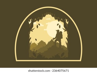 Silhouette flache Illustration eines Bergsteigers auf einem Hügel