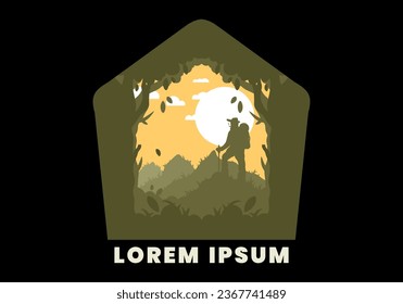 silhouette flat illustration design of a mountain climber standing on top of a hill