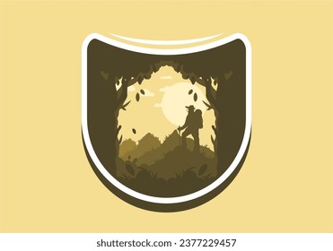silhouette flat illustration design of a mountain climber standing on top of a hill