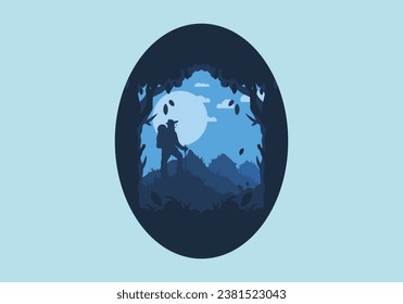 silhouette flat illustration design of a mountain climber standing on top of a hill