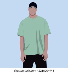 Silhouette. Flache Illustration. Der Typ im T-Shirt. Flache Illustration eines Mannes. Stylischer Kerl. Ein junger Mann mit Baseballmütze