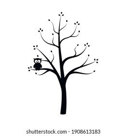木の上の平らなフクロウのシルエット 枝に漫画のフクロウ 白い背景に木と葉 木の上の鳥のロゴ ベクターイラスト のベクター画像素材 ロイヤリティフリー Shutterstock