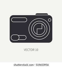 Silhouette flat vector icon with digital mini camera. Photography art. Megapixel photocamera. Cartoon style. Illustration, element for your design. Photographic lens. Simple. Monochrome. Creativity
