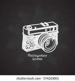 Silhouette flat vector icon with digital mini camera. Photography art. Megapixel photocamera. Cartoon style. Illustration, element for your design. Photographic lens. Simple. Monochrome. Creativity