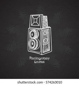 Silhouette flat vector icon with digital mini camera. Photography art. Megapixel photocamera. Cartoon style. Illustration, element for your design. Photographic lens. Simple. Monochrome. Creativity