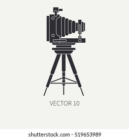 Silhouette flat vector icon with retro analog film cameras. Photography and art. Reflex 35mm photocamera. Cartoon style. Illustration, element for your design. Photographic lens. Simple. Monochrome.