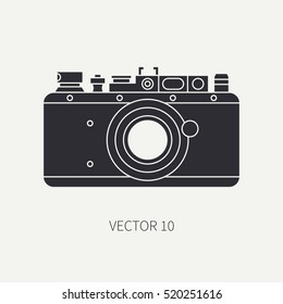 Silhouette flat vector icon with retro analog film cameras. Photography and art. Reflex 35mm photocamera. Cartoon style. Illustration , element for your design. Photographic lens. Simple. Monochrome.