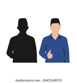 silhueta e vetor plano do homem asiático muçulmano com polegares para cima porque algo bom aconteceu
