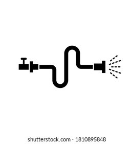 Silhouette of Flexible hose connected to tap with jet of water. Outline icon of irrigation. Black simple illustration of bent pipe with water leakage. Flat isolated vector pictogram, white background