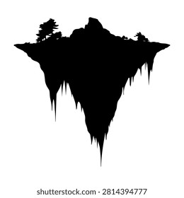 Silhouette of a floating island featuring trees and lush vegetation, set against a plain background, emphasizing natural landscape and fantasy scenery.