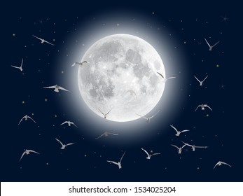 Silhouette of a flock of birds flying to the moon