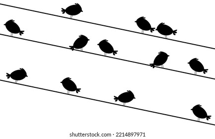 Silhouette of flock of birds on cable. Concept of a group of black birds perched on a cable. Isolated on a white background. Great for bird web logos