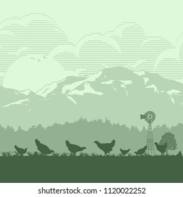 Silhouette of a flock of chicken in meadow at sunrise, Vector