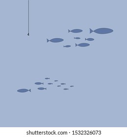 Silhouette of a flock of fish swimming away from the hook. Coloring on the theme of marine fauna. Vector illustration of sea animals for printing on textiles. The concept of lack of interest in anythi