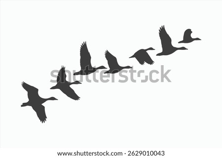 Silhouette of a flock of geese flying in formation against a white background.