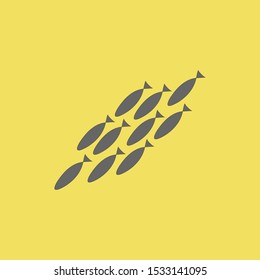 Silhouette of a flock of gray fish diving on a yellow background. Coloring on the theme of marine fauna. Vector illustration of sea animals for printing on textiles