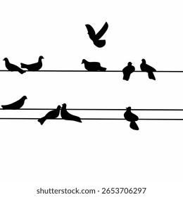 Silhouette of a flock of pigeons perched on a power line on a white background. Vector illustration.