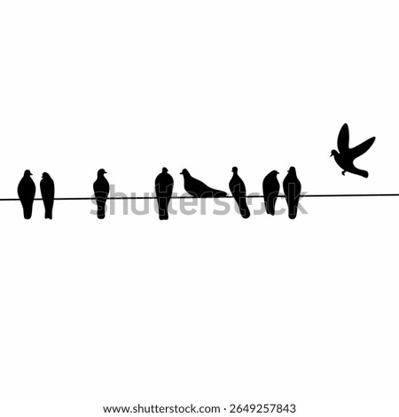 Silhouette of a flock of pigeons perched on a power line on a white screen background.