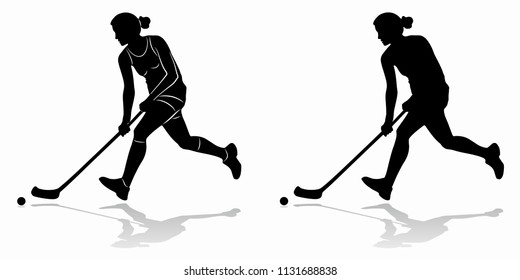 silhouette floorball player shooting  , black and white drawing, white background