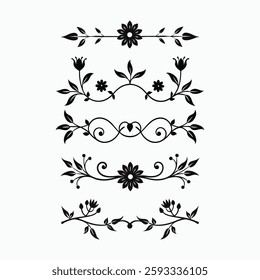 Silhouette floral border set vector art illustrations.