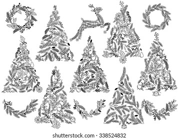 Silhouette Floral or Botanical Christmas Trees, Wreaths, Bunting and Reindeer