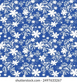 Silhouette Blumenmuster. Handgezeichneter floraler Hintergrund. Botanisches nahtloses Muster aus abstrakten Blumen. Skizzenzeichnung. Vintage-Stil. Geeignet für Bettzeug, Textil, Stoff.