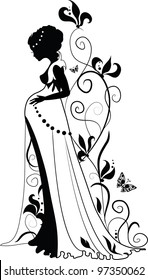 Silhouette of floral pregnant woman with floral background and butterflies