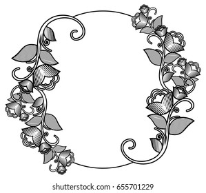 Silhouette floral round frame with halftone pattern. Ornament for laser engraving. Vector clip art.