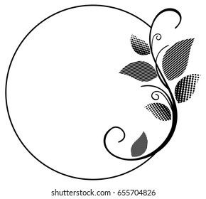 Silhouette floral round frame with halftone pattern. Ornament for laser engraving. Vector clip art.