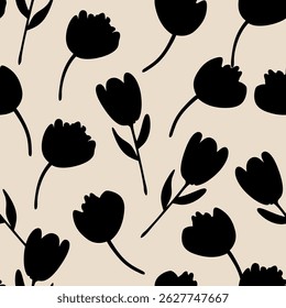 Silueta floral sin patrón con tulipanes negros sobre fondo beige