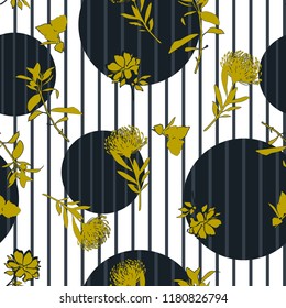 Silhouette of floral seamless pattern on modern stripe polka dot vector , delicate flower wallpaper, wild flowers  wallpaper on white color background