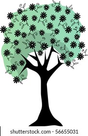 Silhouette Floral Tree Lush Flowers stems and leaves  Editable Vector Illustration