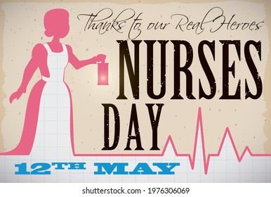 Silhouette of Florence Nightingale holding a lamp and wearing an apron, heartbeat, scroll, squared exam and gratitude message, promoting Nurses Day celebration this 12th May.