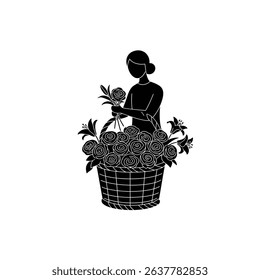 Silhouette of Florist Arranging Flowers in Basket - Floral Art