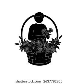 Silhouette of Florist Arranging Flowers in Basket - Floral Art