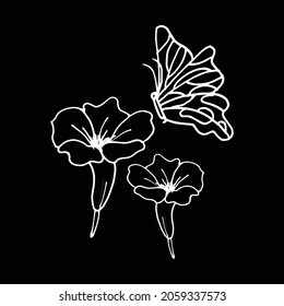 silhouette of flower with butterfly isolated on black background. beautiful blooming flower. white outline, hand drawn vector. doodle art for wallpaper, poster, banner, sticker, tattoo art, clipart. 