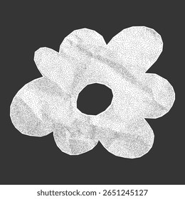 Silhouette of a flower with crumpled paper texture on a dark background. Cute sticker made from notebook page with jagged torn edges, dotted gritty texture, halftone element.
