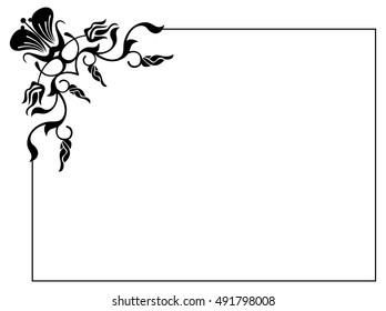 Silhouette flower frame. Simple black and white frame with abstract flowers.Vector clip art.