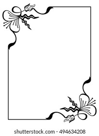 Silhouette flower frame. Simple black and white frame with abstract flowers.Vector clip art.