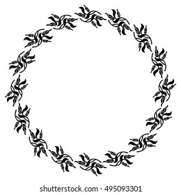 Silhouette flower frame. Simple black and white round frame with abstract flowers.Vector clip art.