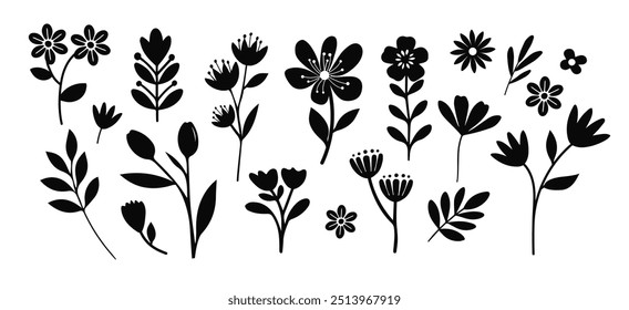 Silhouette flower. Hand drawn flower. Cute spring flowers and leaves. floral and botanical element. Leaf branch. vector illustration