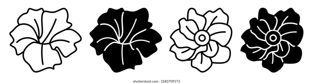 Silhouette of flower icon illustration on white background. Flower icon set for business. Stock vector.