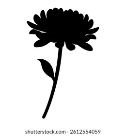 Silhouette of a flower with a stem and a leaf in bloom